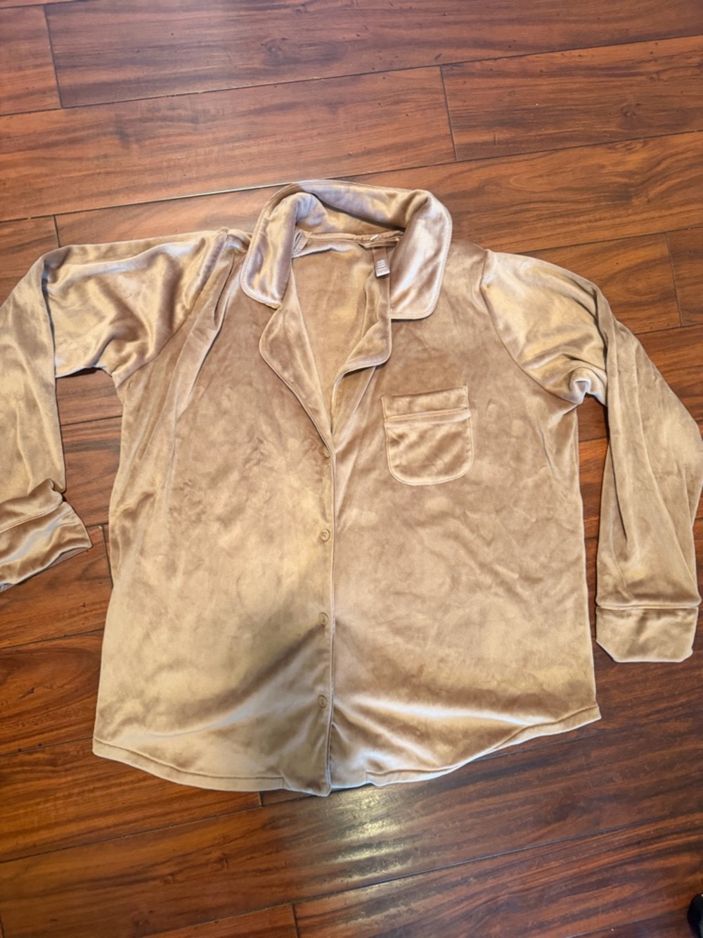 SKIMS Plush Velvet Button-Front Pajama Top in Taupe - Picture 3 of 7